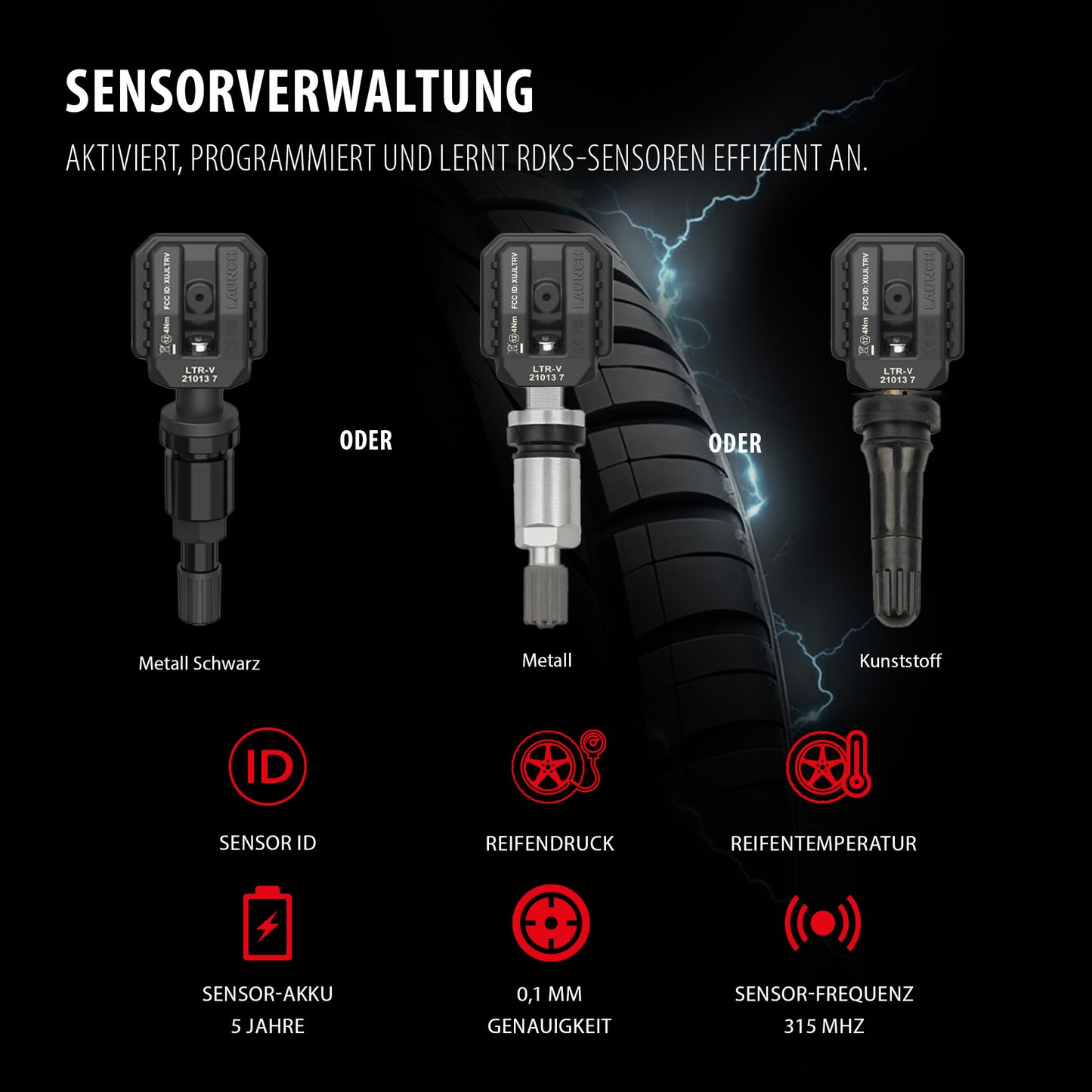 i-TPMS mit 20 Gummi-, 20 Aluminium- und 20 Metallsensoren (silber/schwarz)