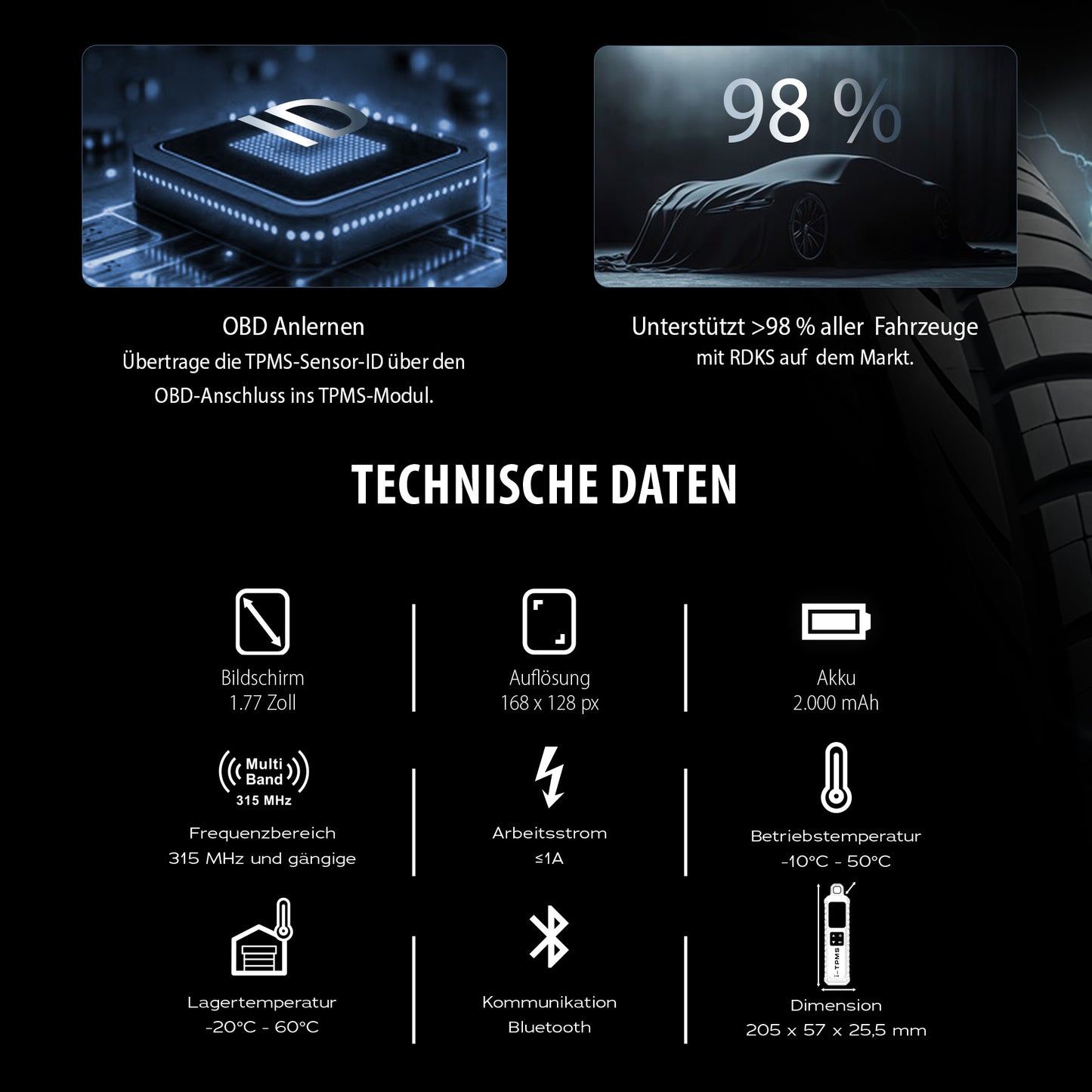 i-TPMS mit 20 Gummi-, 20 Aluminium- und 20 Metallsensoren (silber/schwarz)