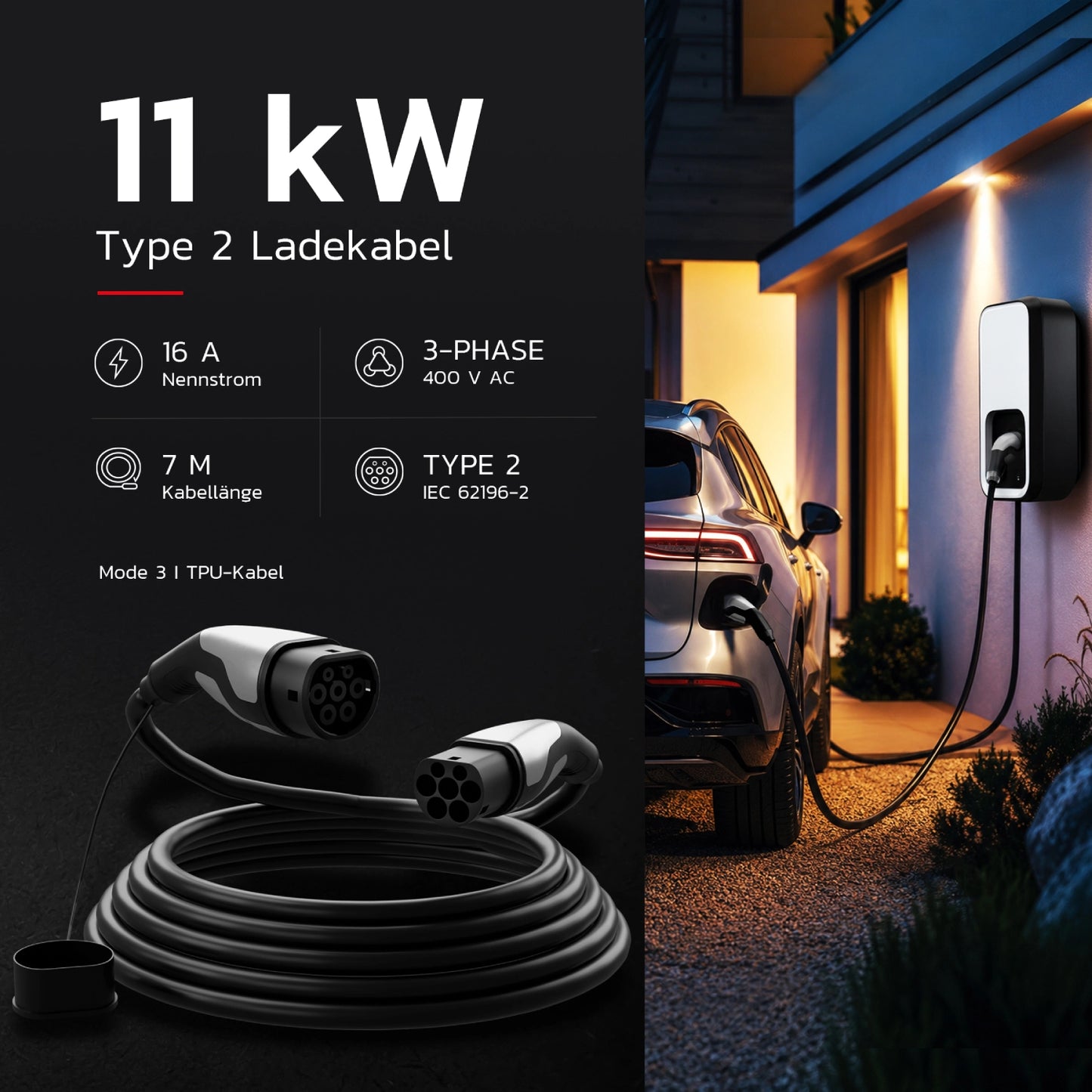 Cavo di ricarica Tipo 2 | 11kW | 7m