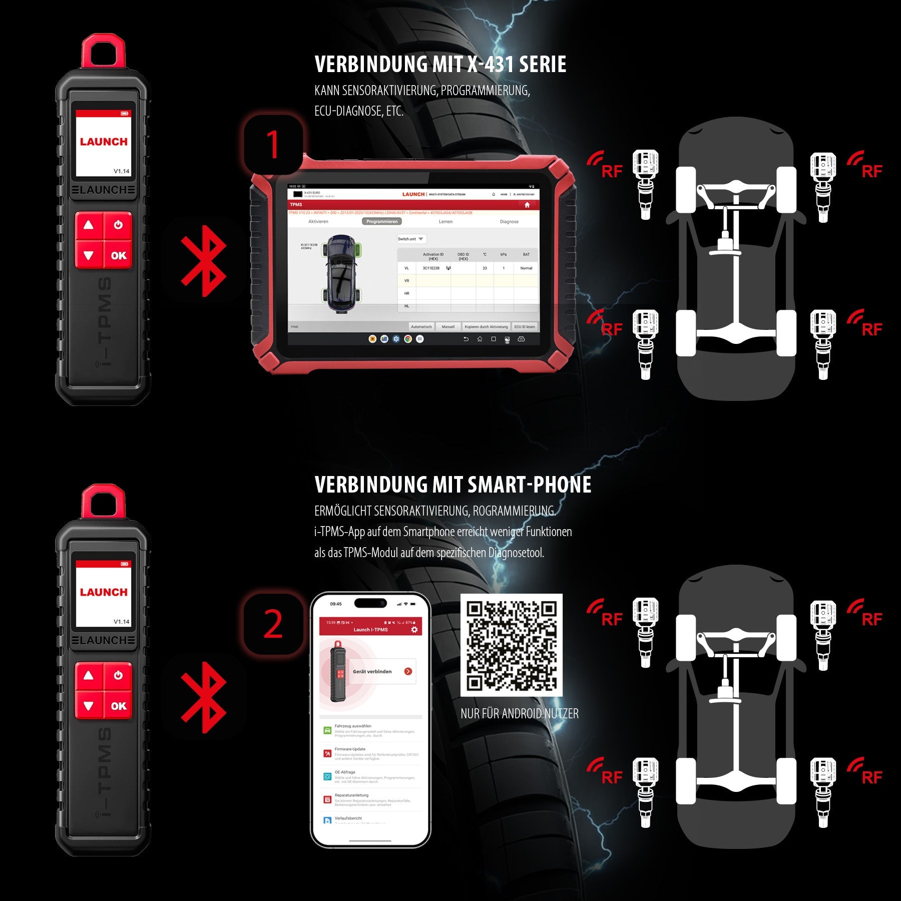 i-TPMS mit 4 Gummi-, 4 Aluminium- und 4 Metallsensoren (silber/schwarz)