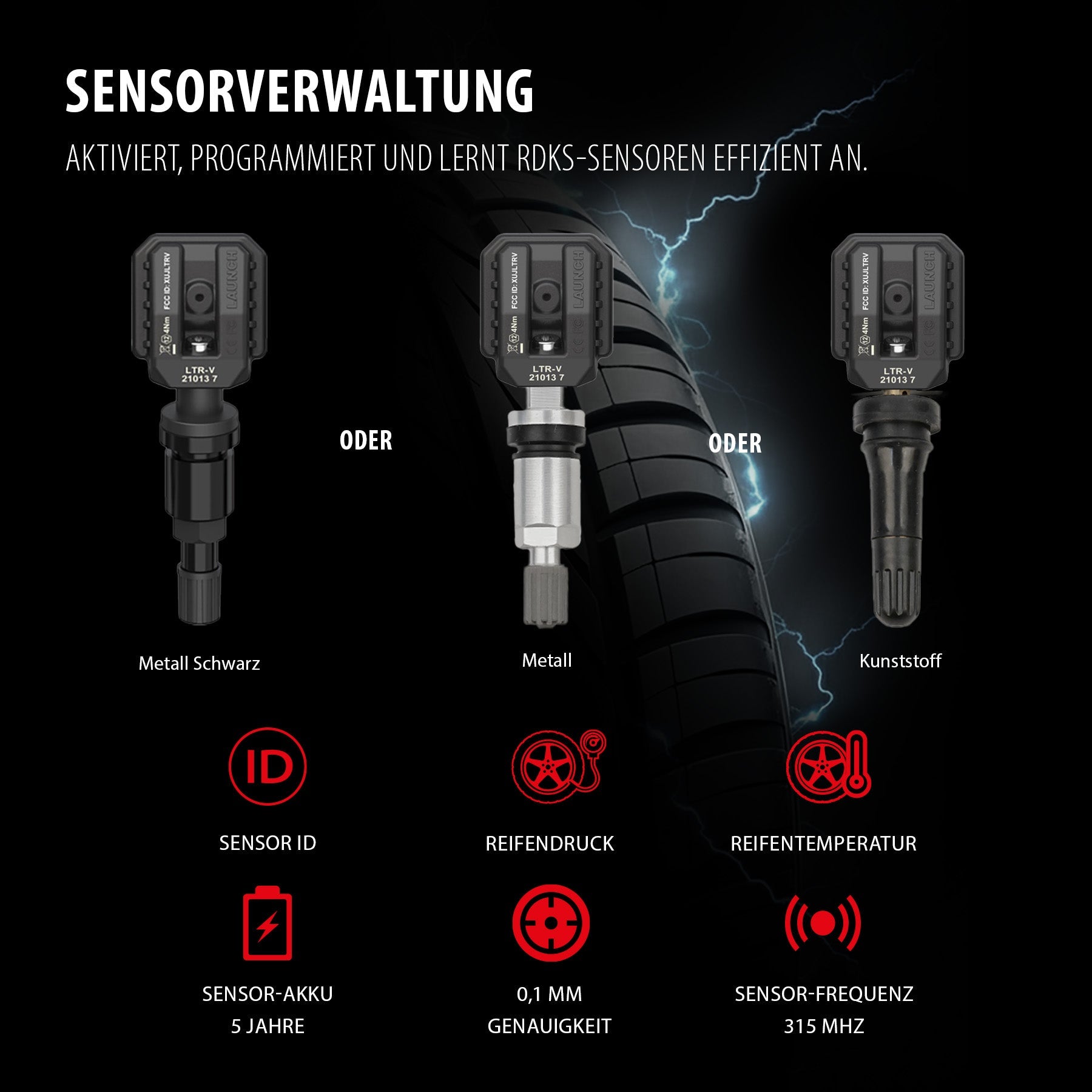 i-TPMS mit 4 Gummi-, 4 Aluminium- und 4 Metallsensoren (silber/schwarz)