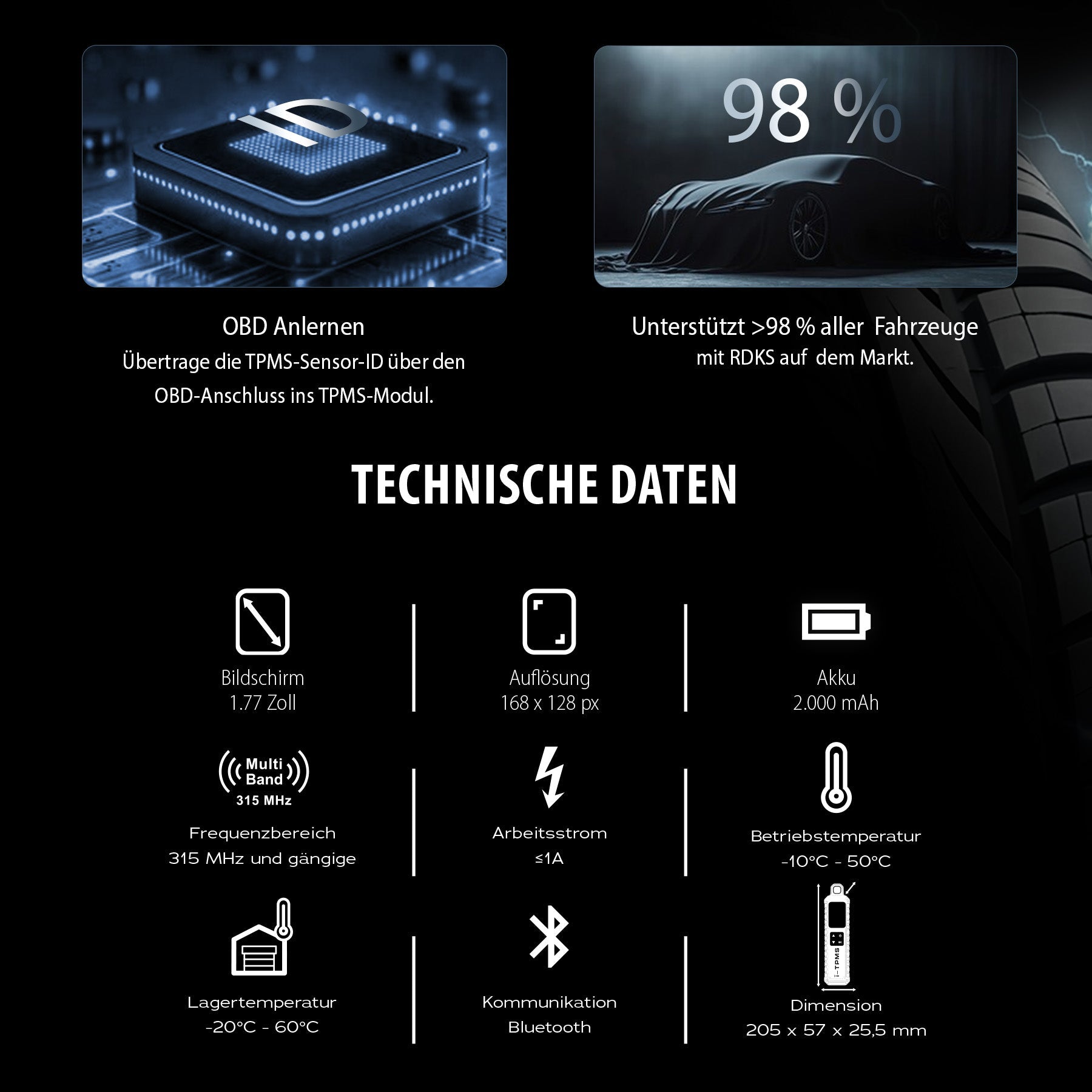 i-TPMS mit 4 Gummi-, 4 Aluminium- und 4 Metallsensoren (silber/schwarz)