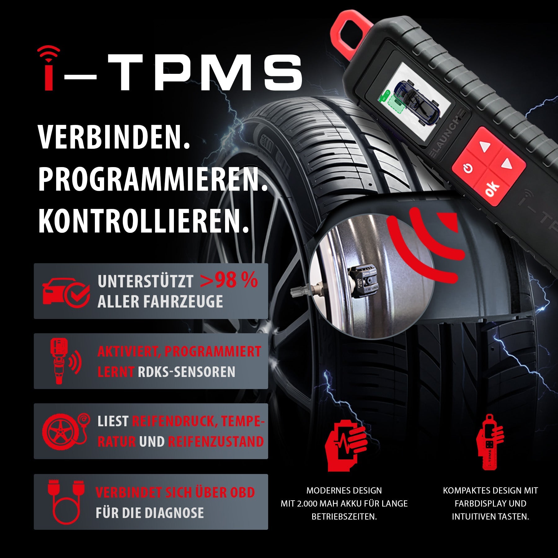 i-TPMS mit 4 Gummi-, 4 Aluminium- und 4 Metallsensoren (silber/schwarz)